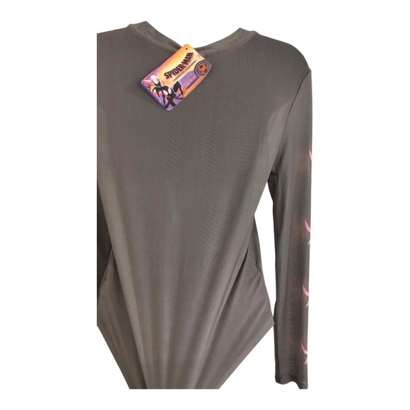 Marvel’s Spiderman Gwen olive green brown pink graphic print sheer mesh top sz L - Picture 12 of 16